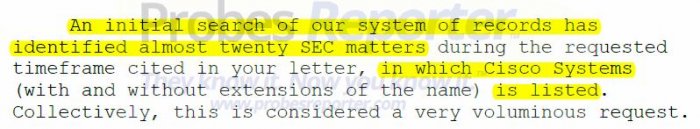 Excerpt from SEC letter showing Cisco has "almost twenty" matters with the SEC